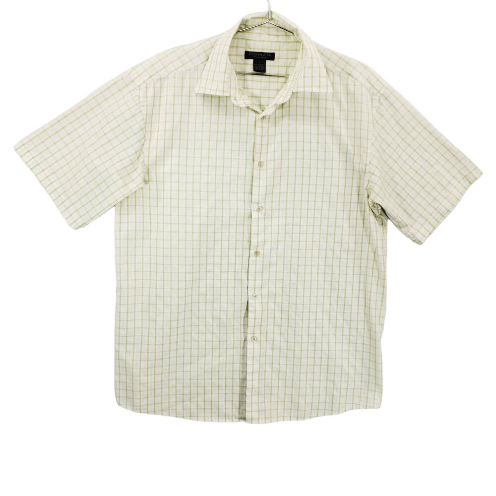 Domani Platinum Shirt Mens Large Green White Check Short Sleeve Button Up Top